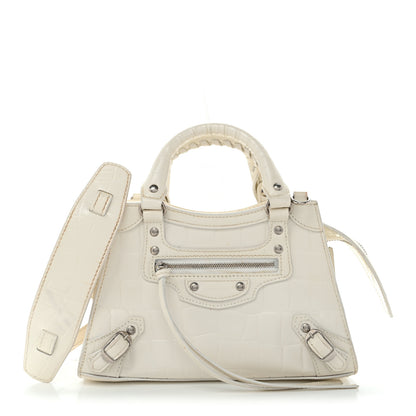Balenciaga Semi Shiny Calfskin Crocodile Embossed Neo Classic Silver Hardware Nano City Crossbody White 1 of 15