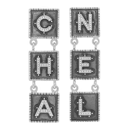 Chanel Metal Crystal Cha-Nel Logo Drop Earrings Silver 1 of 7