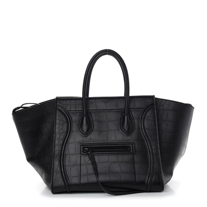 Celine Calfskin Crocodile Embossed Medium Phantom Luggage Black 1 of 14
