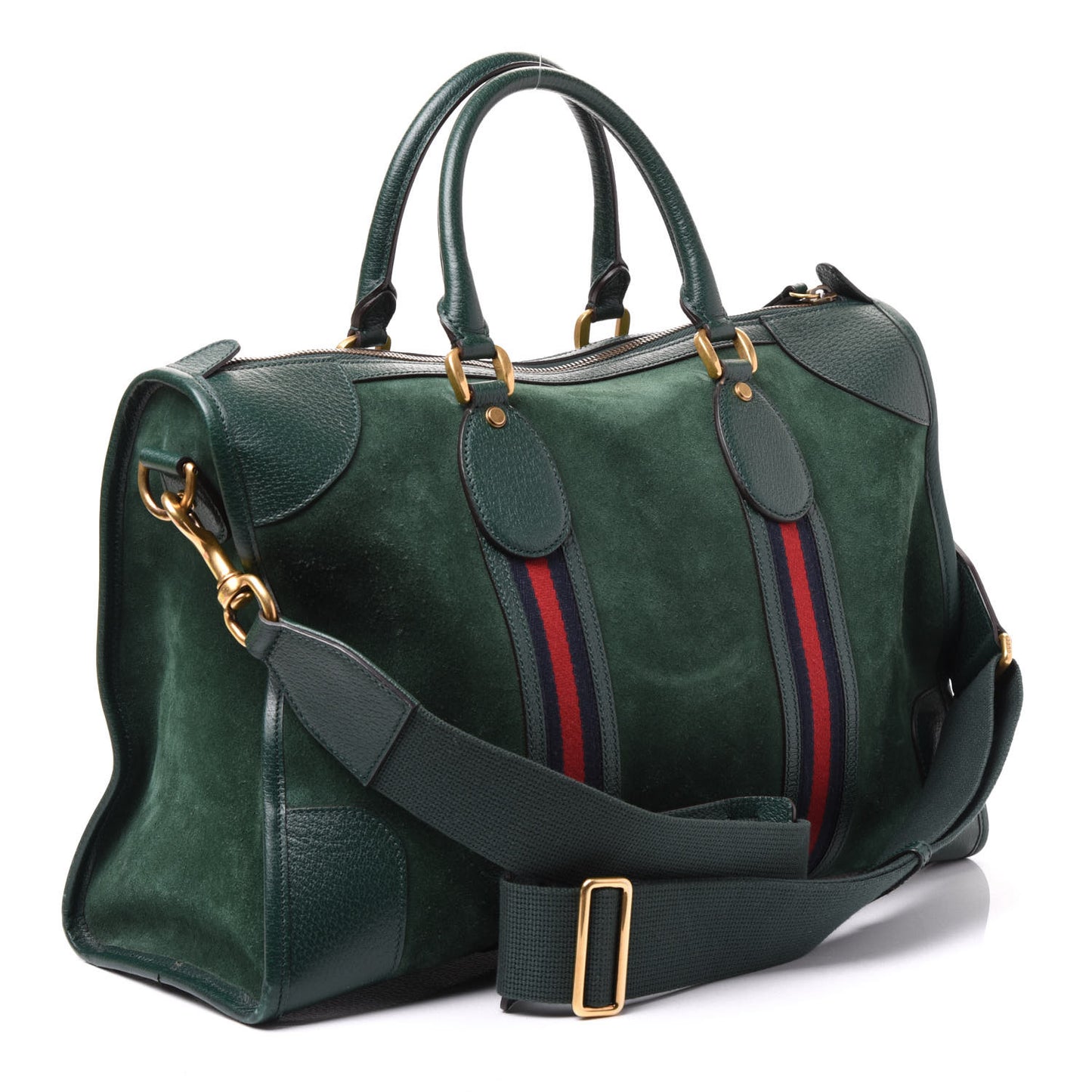 Suede Daino Textured Dollar Calfskin Web Medium Duffle Bag Green