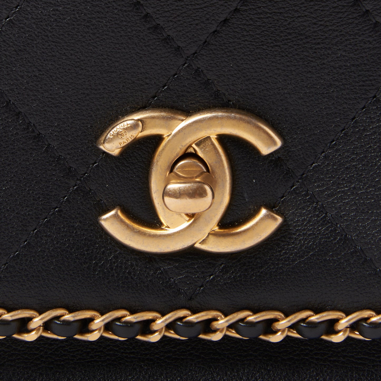 Calfskin Stitched Chain Flap Black