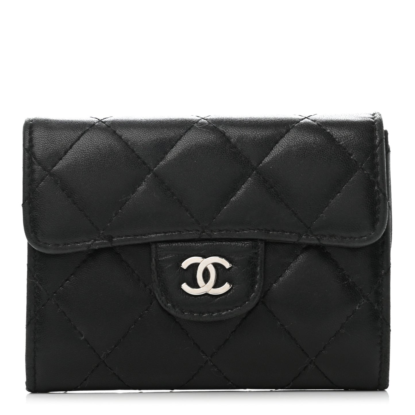 Lambskin Quilted Flap Card Holder Wallet Black