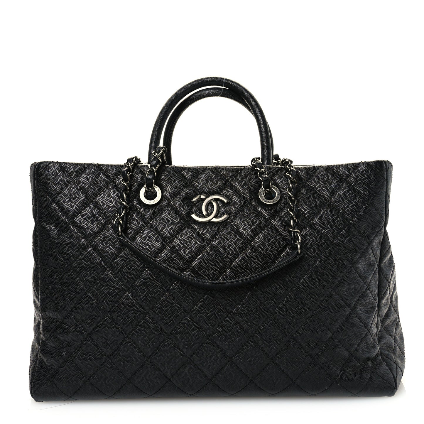 Caviar Quilted Large Coco Handle Shopping Tote Black