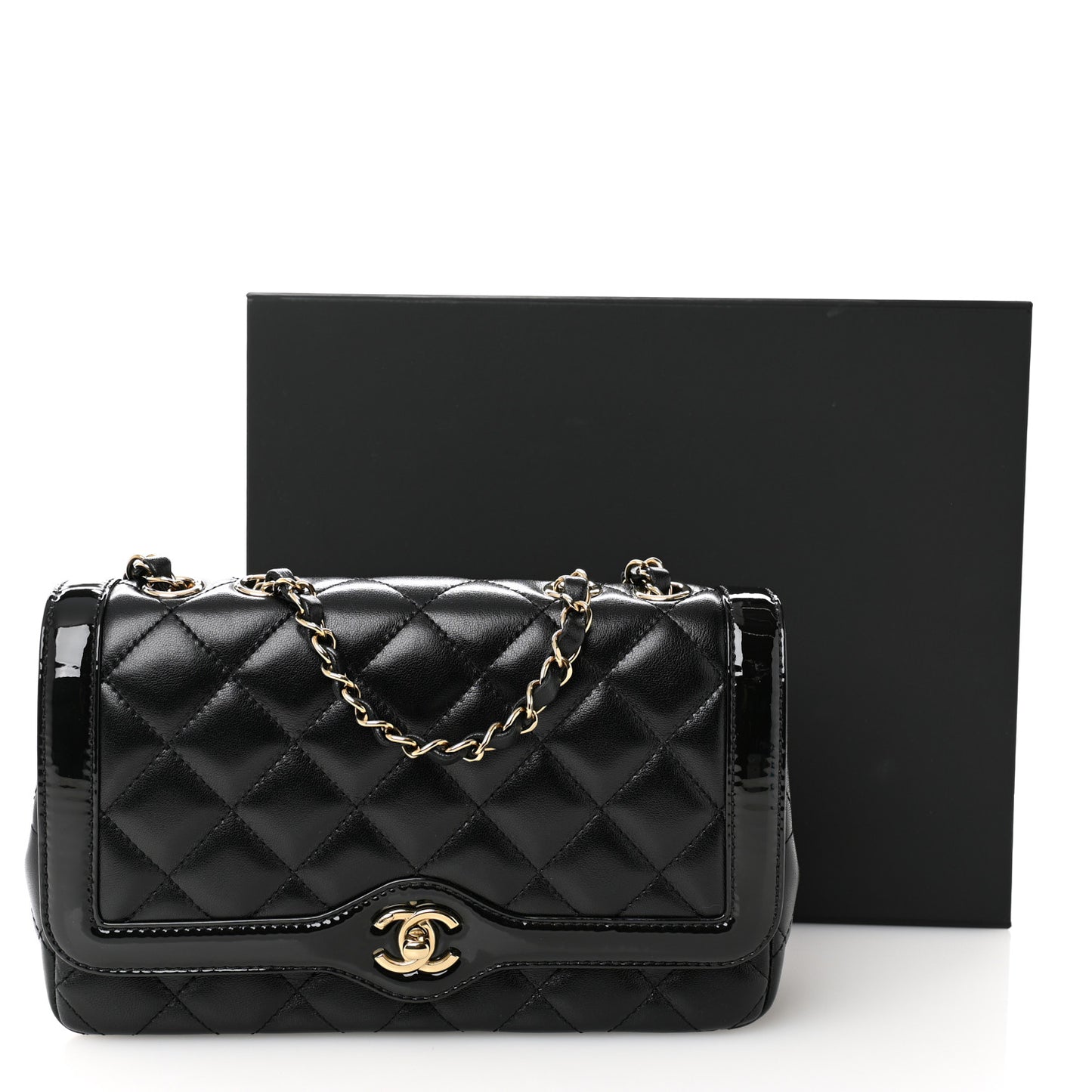 Lambskin Patent Calfskin Quilted Small Flap Bag Black