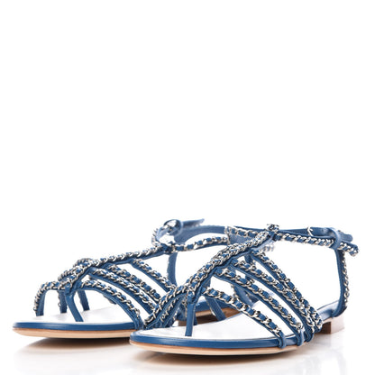 Chanel Kid Chain CC Logo Thong Sandals 40.5 Blue 3 of 9