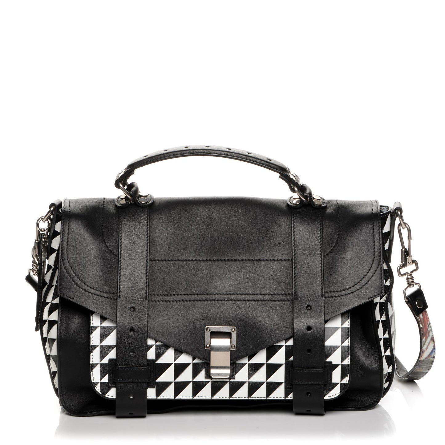 Calfskin Triangle Print Medium PS1 Satchel Black White