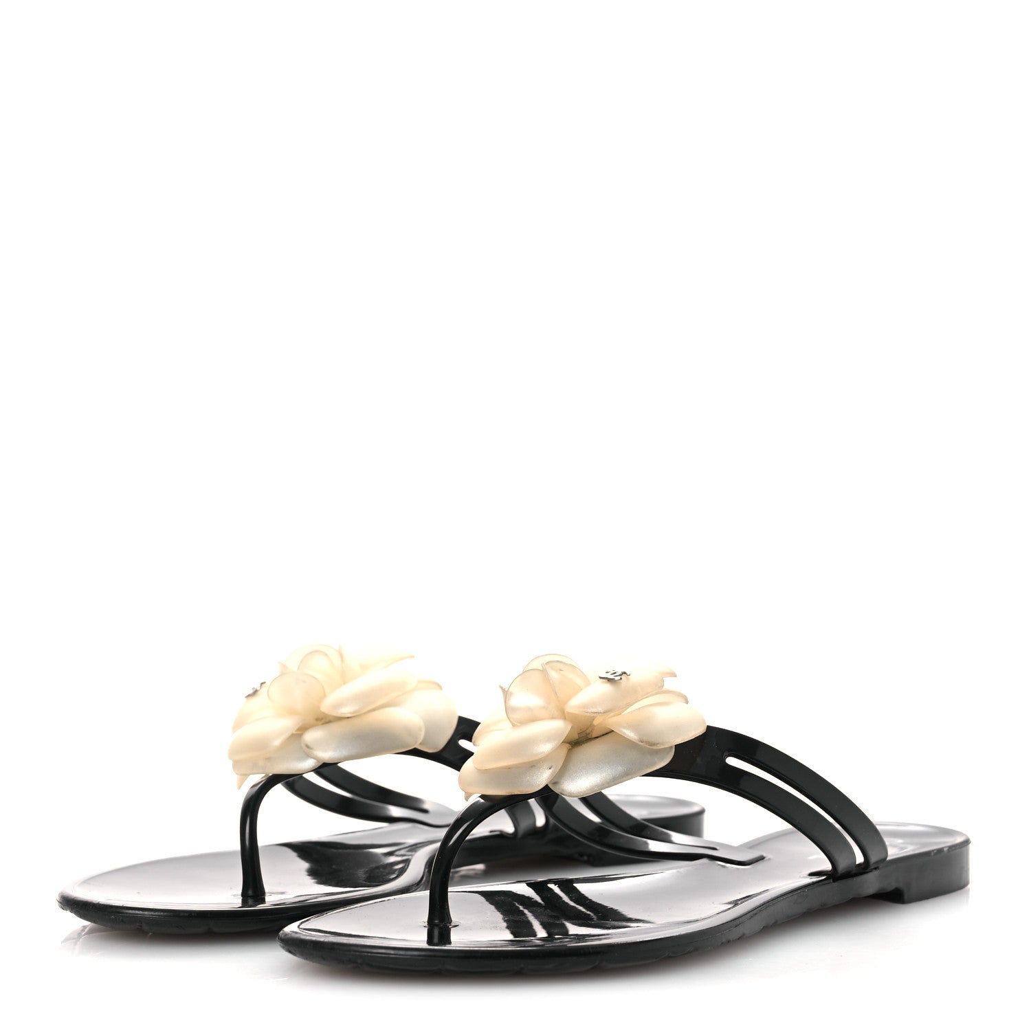 Chanel Jelly Camellia Thong Sandals 38 Black Ivory 4 of 12