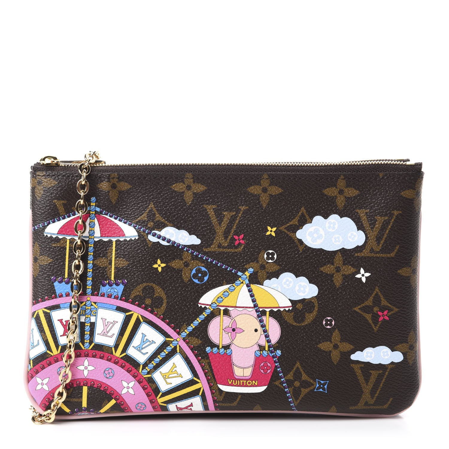 Louis Vuitton Monogram 2020 Christmas Animation Big Wheel Double Zip Pochette Rose Ballerine 1 of 10
