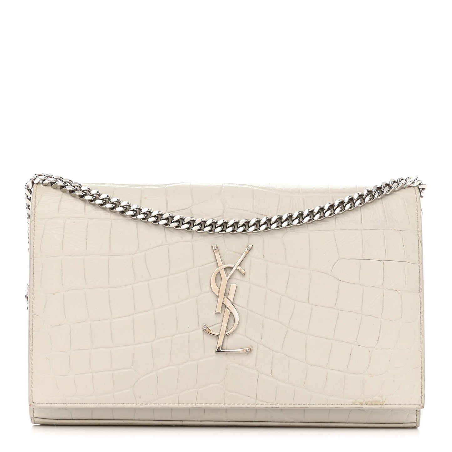 Calfskin Crocodile Embossed Monogram Chain Wallet Blanc Vintage