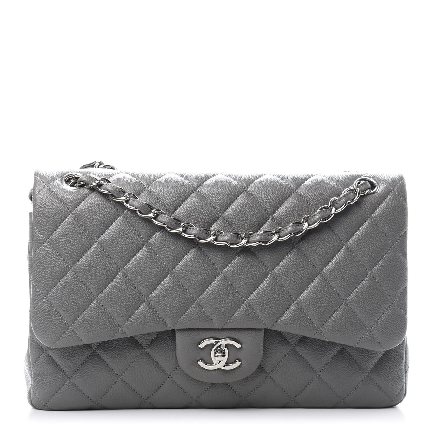 Caviar Quilted Jumbo Double Flap Grey