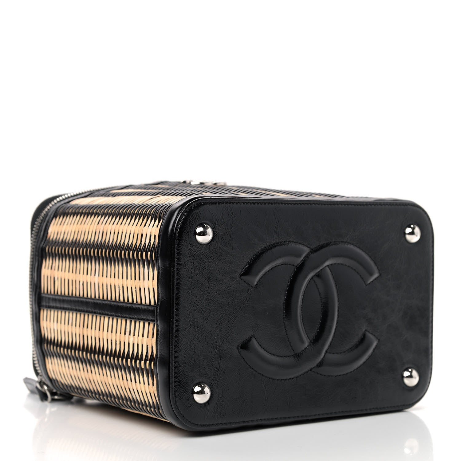 Chanel Glazed Calfskin Raffia Vanity Case Bag Black Beige 4 of 9