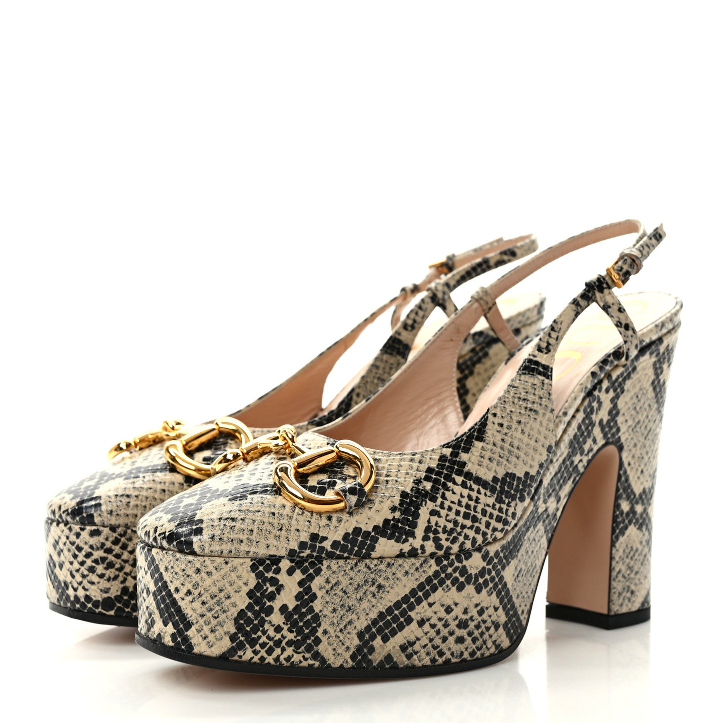 Calfskin Snakeskin Print Horsebit Platform 35/120mm Slingback Pumps 37.5 Beige Avana