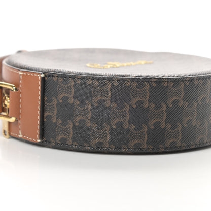 Celine Triomphe Canvas Embroidered Logo Round Purse On Strap Black Tan 8 of 10