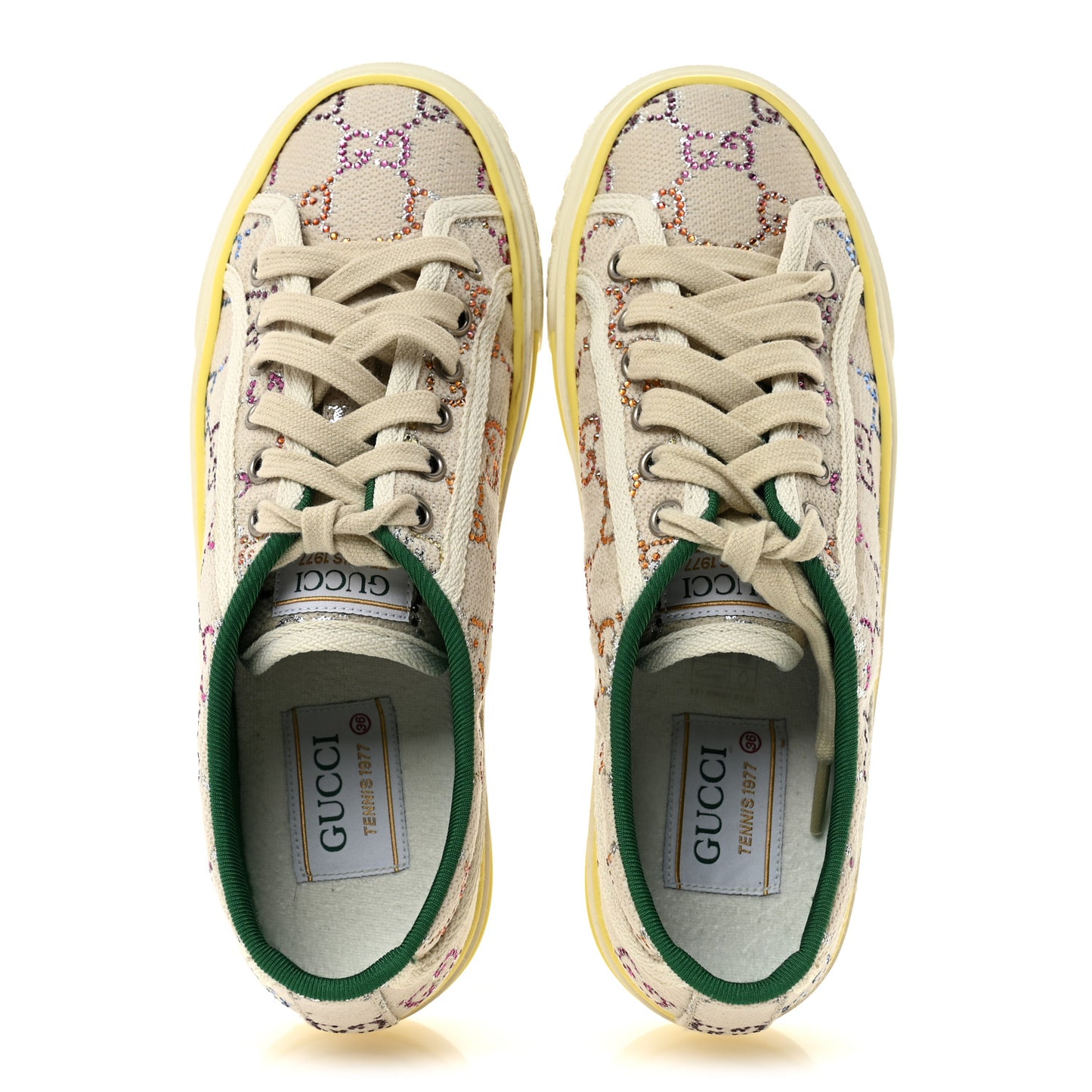Canvas Lame Crystal GG Monogram Womens 1977 Tennis Sneakers 36 Gardenia Silver Mystic White