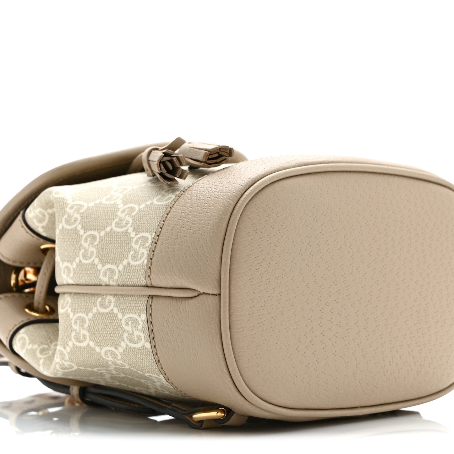 GG Supreme Monogram Textured Dollar Calfskin Web Mini Chain Drawstring Backpack Beige Mystic White Oatmeal