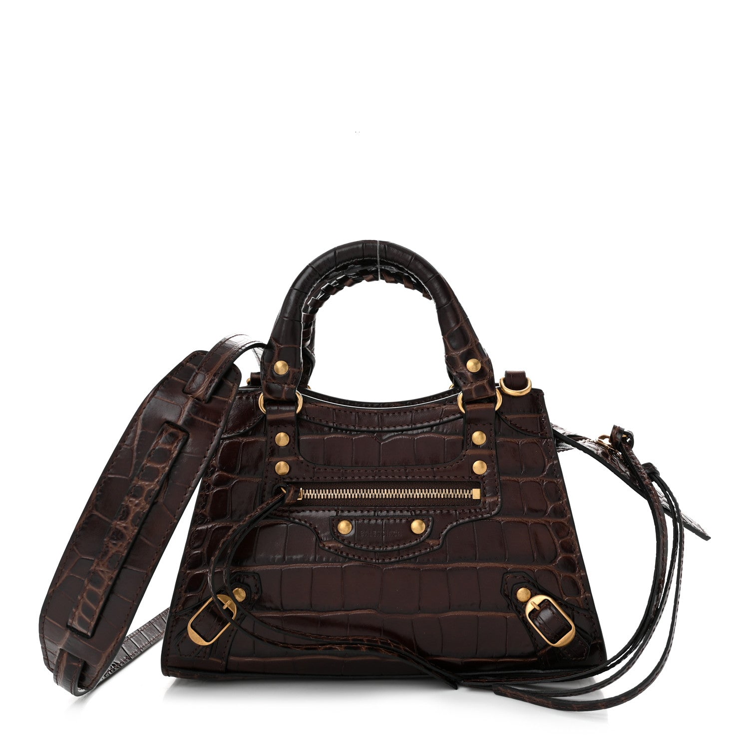 Balenciaga Semi Shiny Calfskin Crocodile Embossed Neo Classic Gold Hardware Mini City Dark Brown 1 of 9