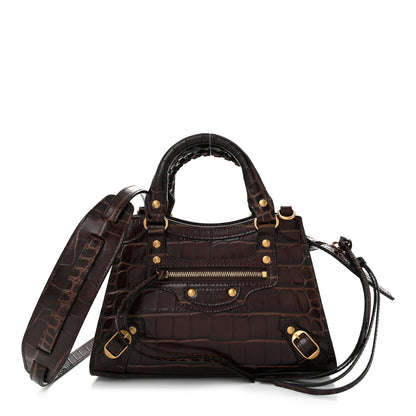 Balenciaga Semi Shiny Calfskin Crocodile Embossed Neo Classic Gold Hardware Mini City Dark Brown 1 of 9