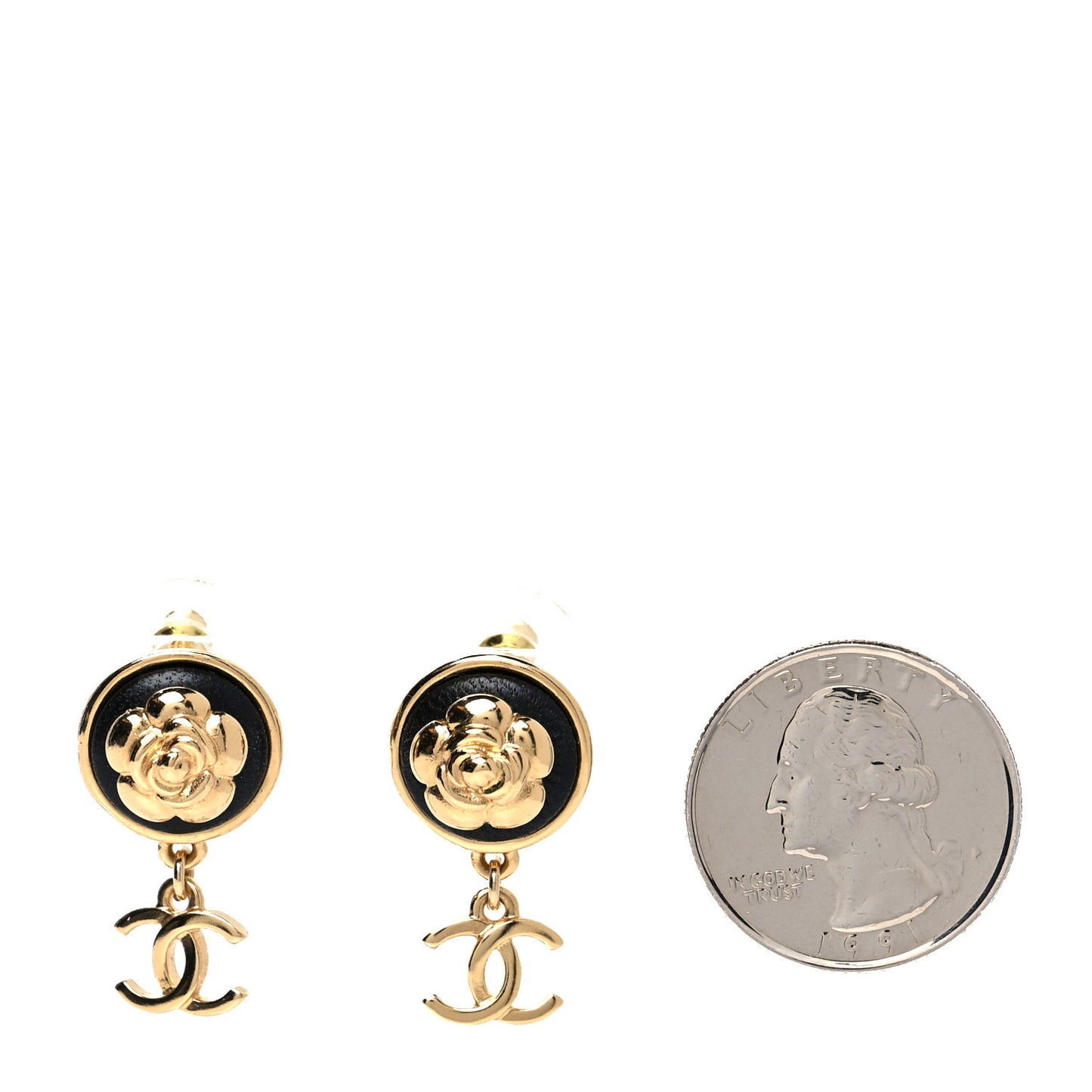 Metal Lambskin Camellia CC Drop Earrings Gold Black