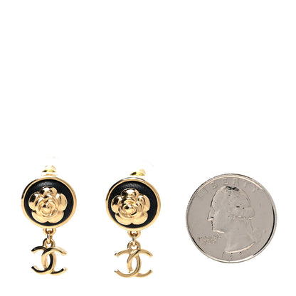 Chanel Metal Lambskin Camellia CC Drop Earrings Gold Black 2 of 4
