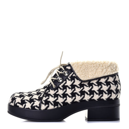 Gucci Optical Tweed Faux Shearling Houndstooth Victor Lace Up Ankle Boots 38 White Black 1 of 8