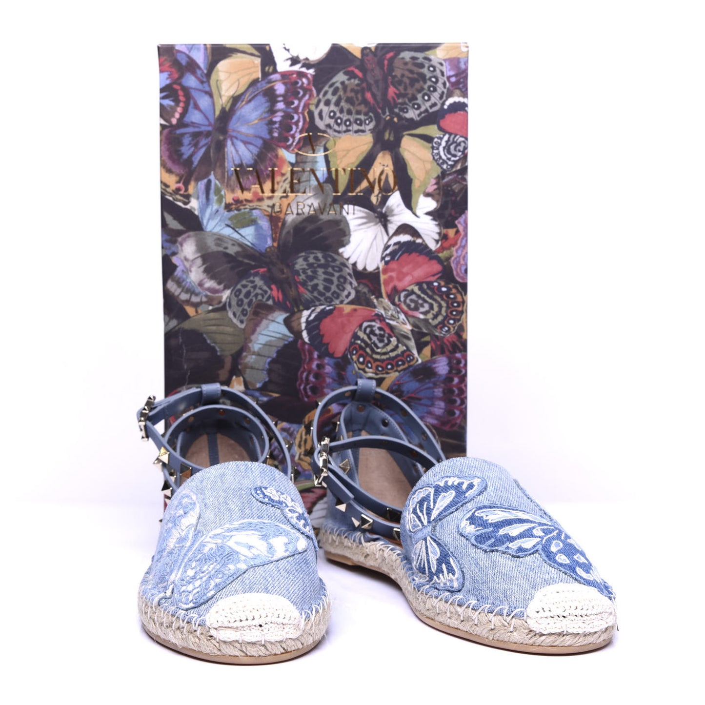 Denim Butterfly Rockstud Ankle Wrap Espadrille 20mm Flats 40 Light Denim
