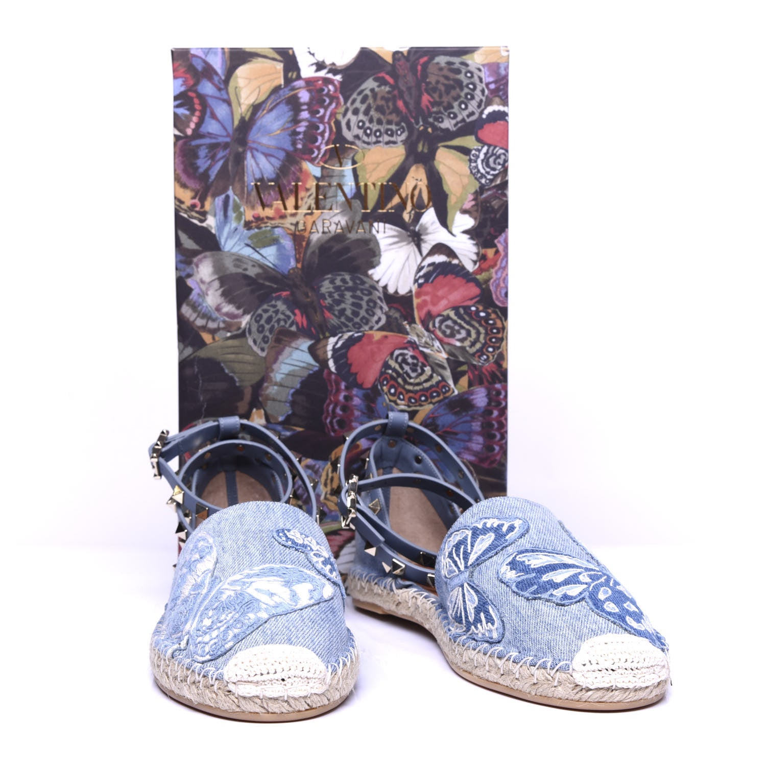 Valentino Garavani Denim Butterfly Rockstud Ankle Wrap Espadrille 20mm Flats 40 Light Denim 10 of 10