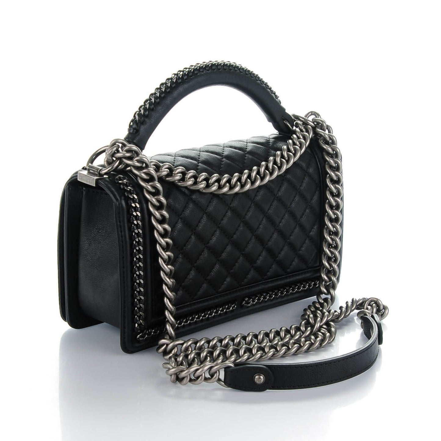 Calfskin Quilted Medium Top Handle Boy Flap Black