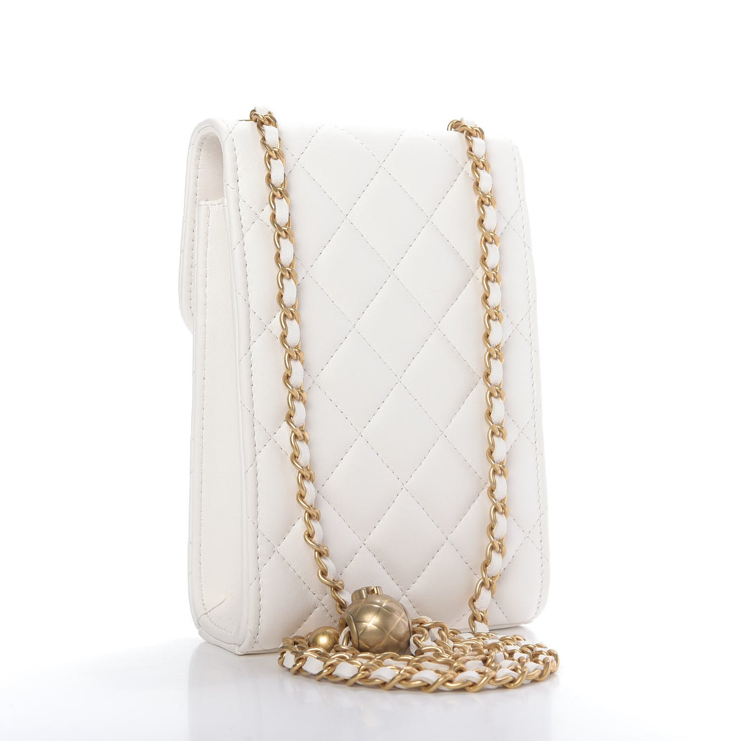 Lambskin Quilted Pearl Crush Phone Holder With Chain White