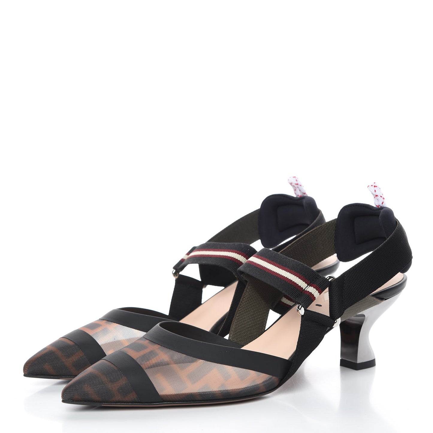 Technical Mesh FF Colibri 55mm Slingback Pumps 39 Tobacco Moro Bordeaux Black Militare