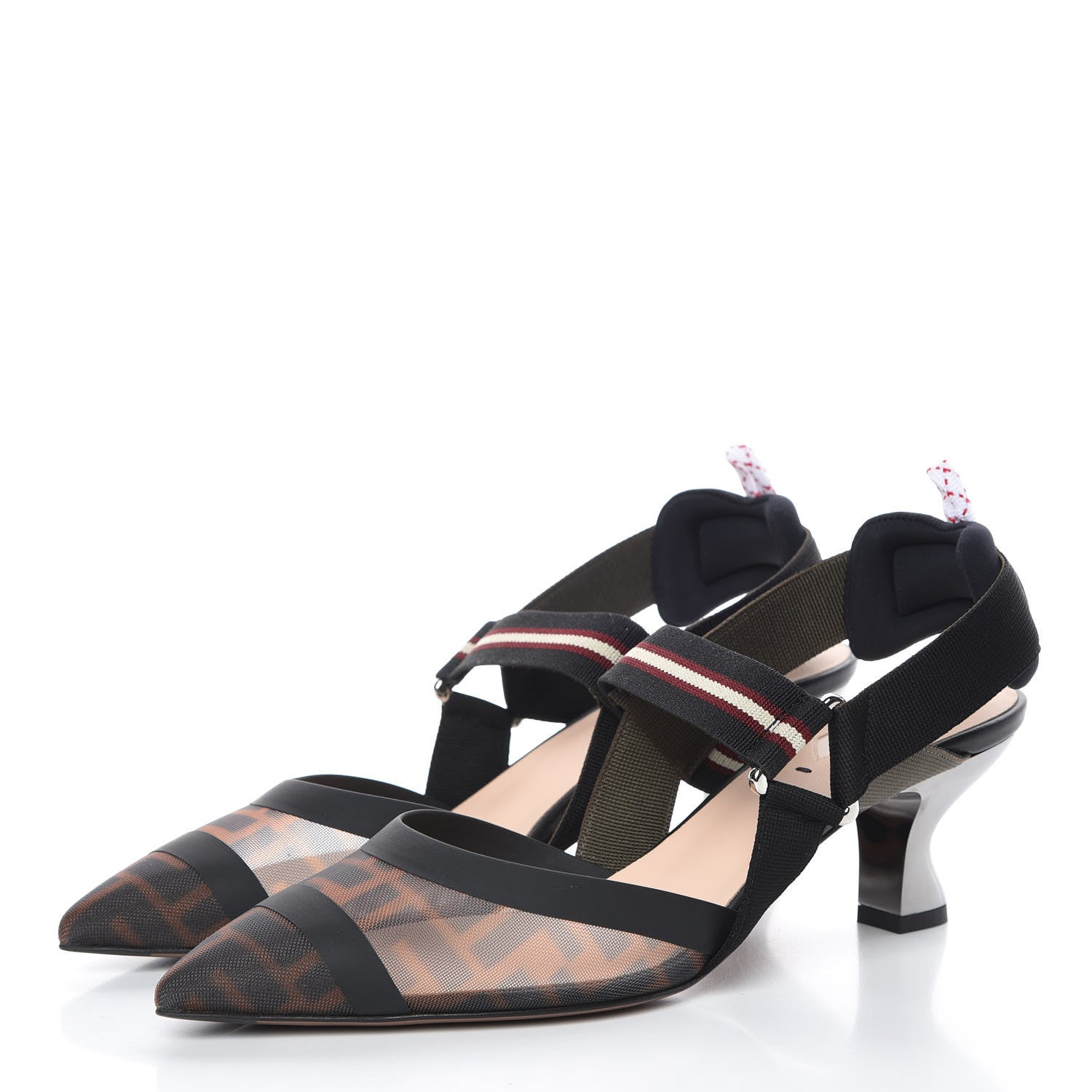 Fendi Technical Mesh FF Colibri 55mm Slingback Pumps 39 Tobacco Moro Bordeaux Black Militare 3 of 8