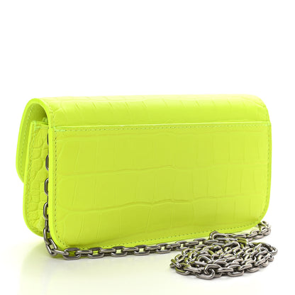 Balenciaga Extra Supple Calfskin Crocodile Embossed Gossip Wallet On Chain Fluo Yellow 3 of 9