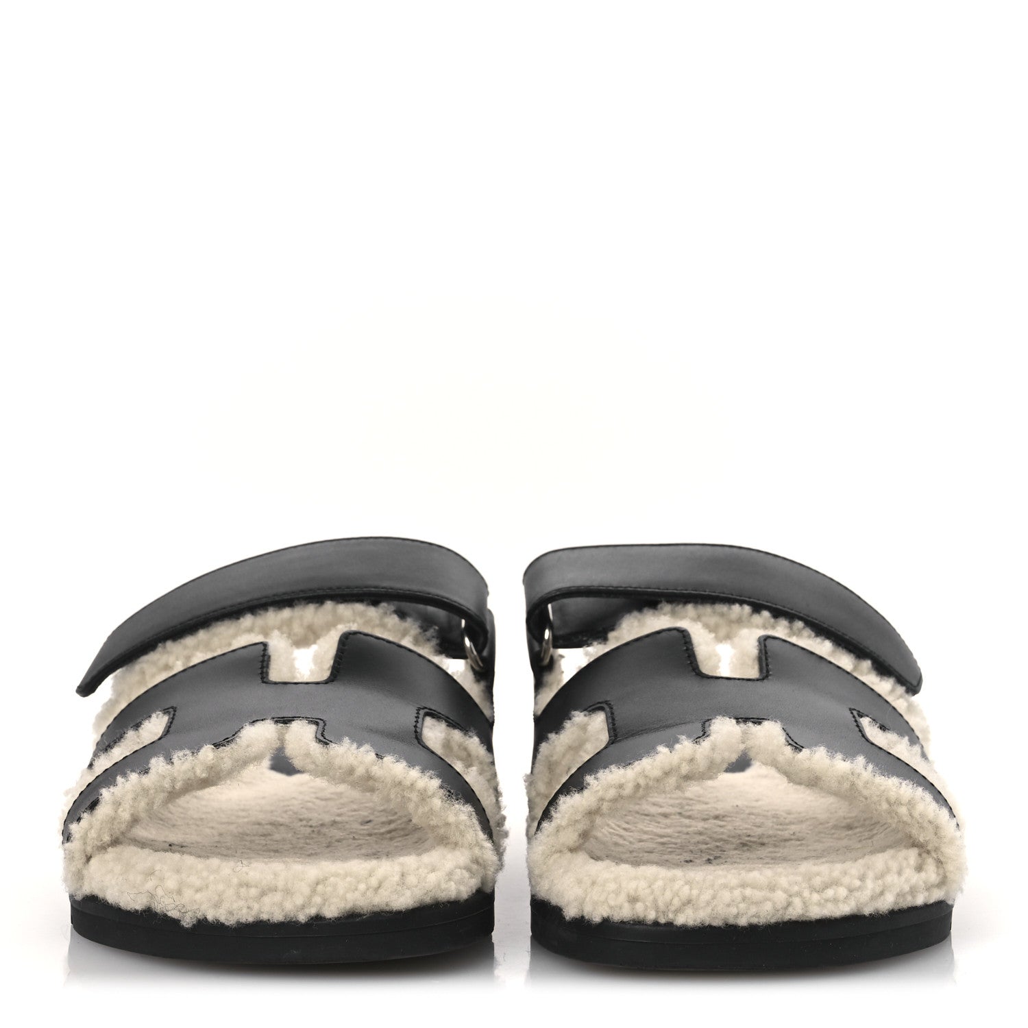Hermes Calfskin Woolskin Womens Chypre Sandals 38 Black Ecru 3 of 11