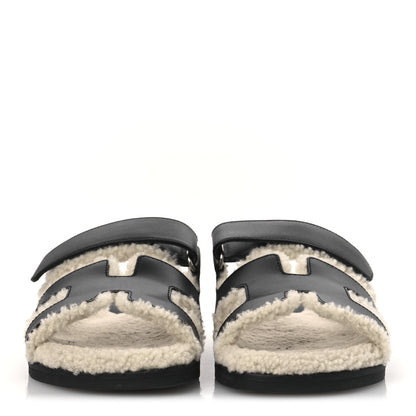 Hermes Calfskin Woolskin Womens Chypre Sandals 38 Black Ecru 3 of 11
