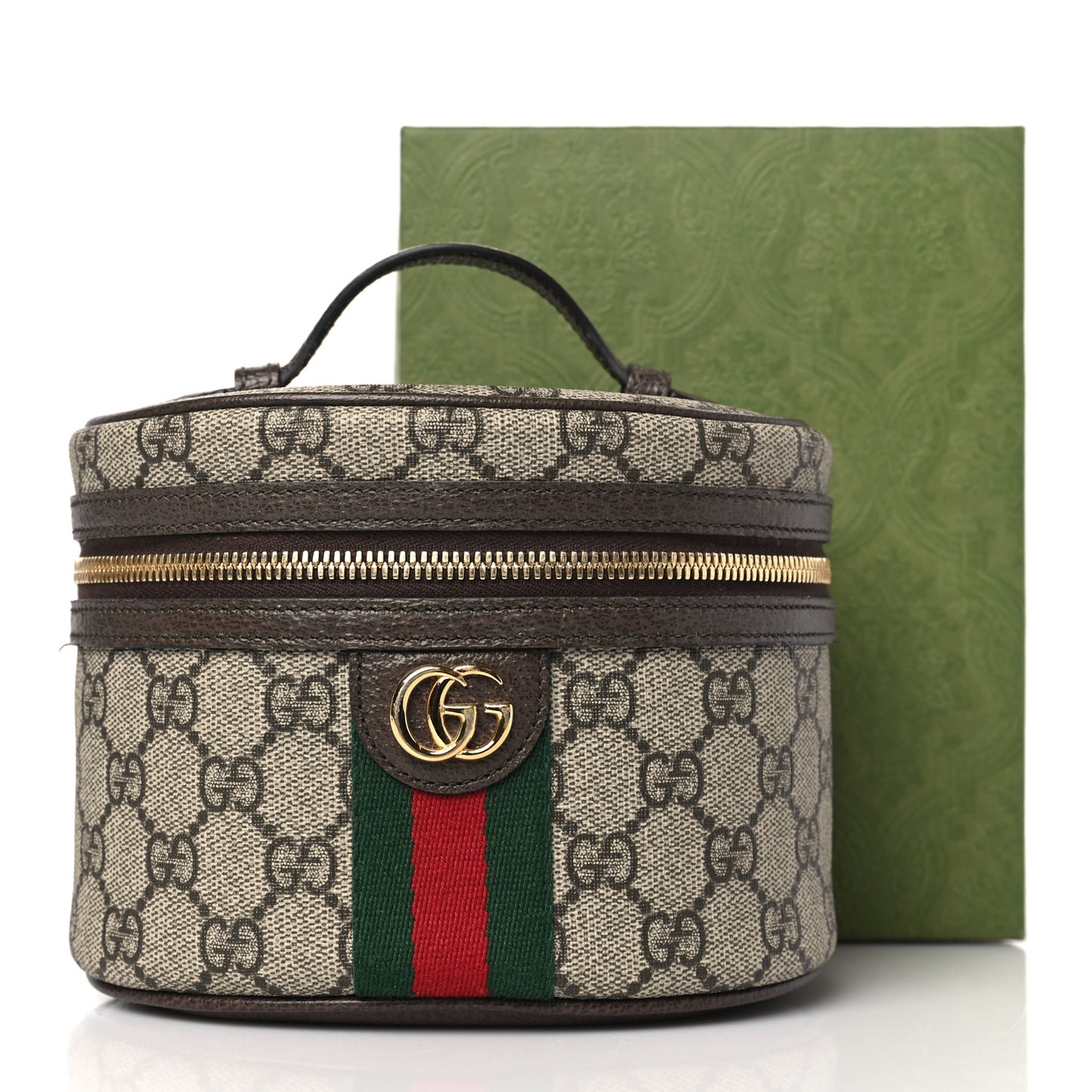 GG Supreme Monogram Textured Calfskin Web Ophidia Vanity Cosmetic Case Beige Ebony New Acero