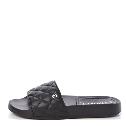 Chanel Lambskin Quilted CC Mules Sandals 37 Black 1 of 8