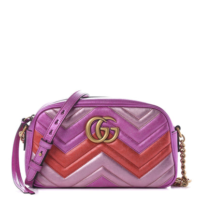 Gucci Laminated Nappa Matelasse Small GG Marmont Chain Shoulder Bag Fuxia Rosso Rosa 1 of 11