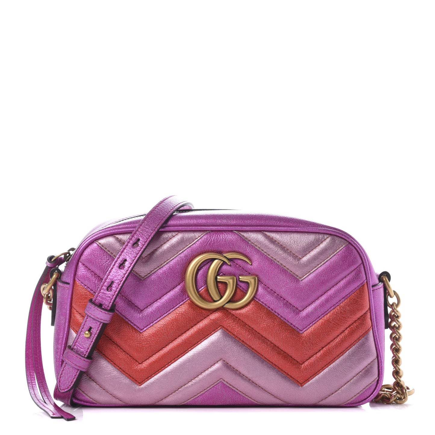 Laminated Nappa Matelasse Small GG Marmont Chain Shoulder Bag Fuxia Rosso Rosa