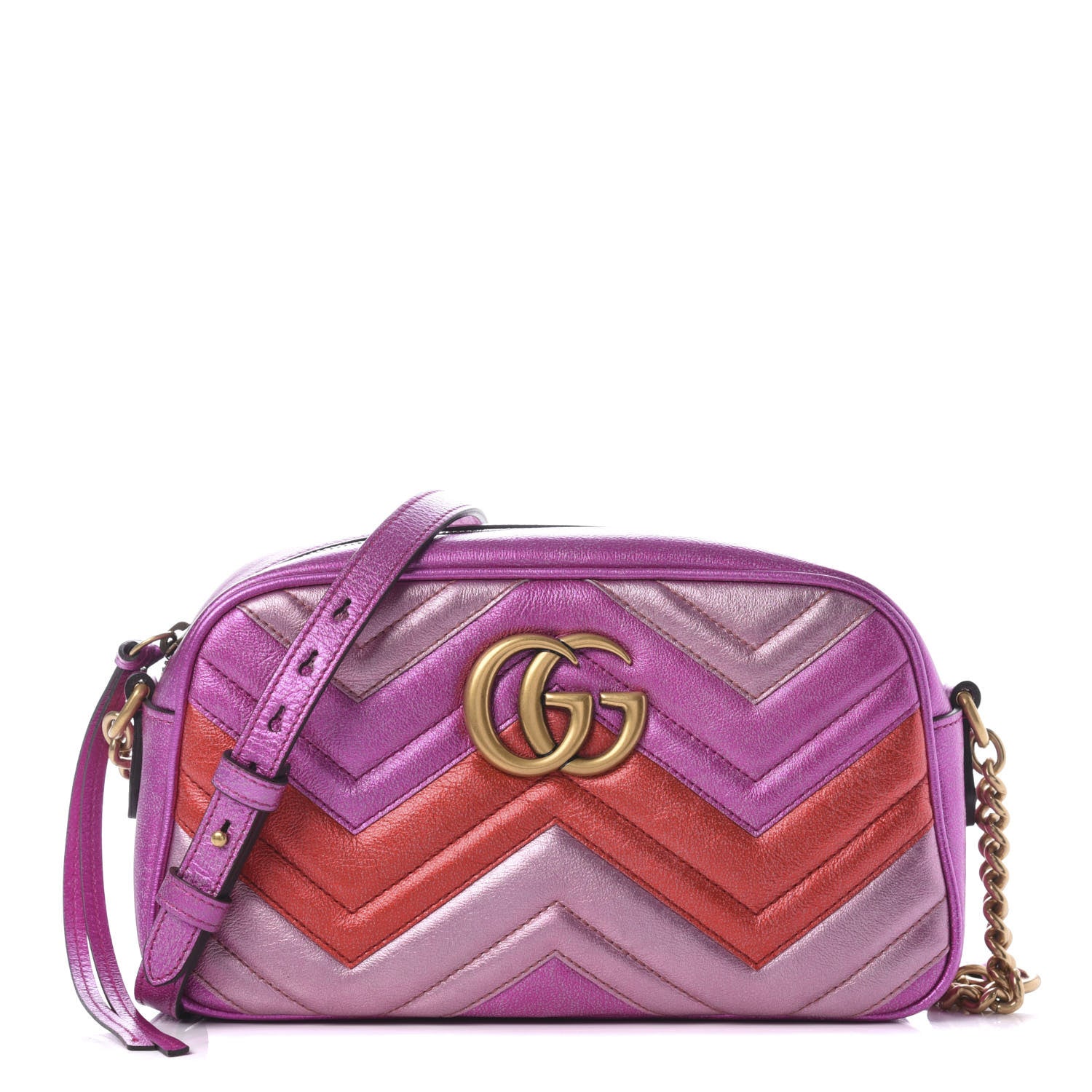 Gucci Laminated Nappa Matelasse Small GG Marmont Chain Shoulder Bag Fuxia Rosso Rosa 1 of 11