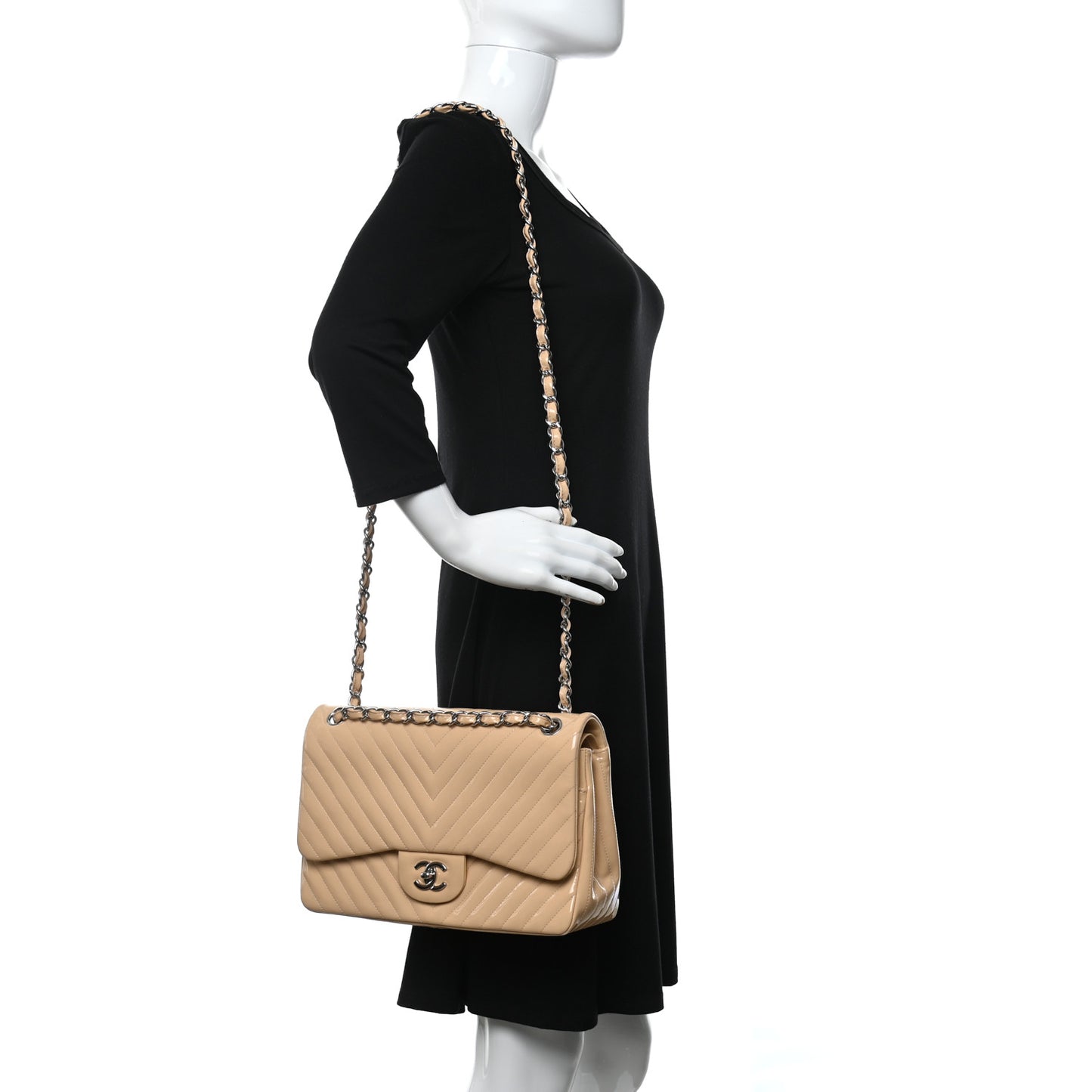 Patent Chevron Quilted Jumbo Double Flap Beige