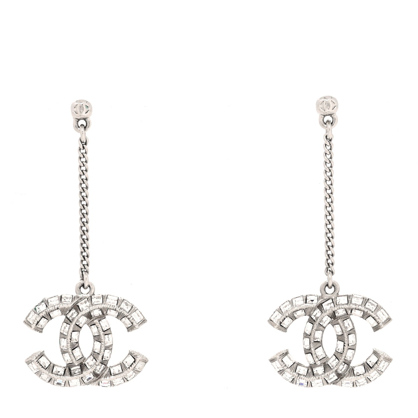 Baguette Crystal CC Drop Earrings Silver