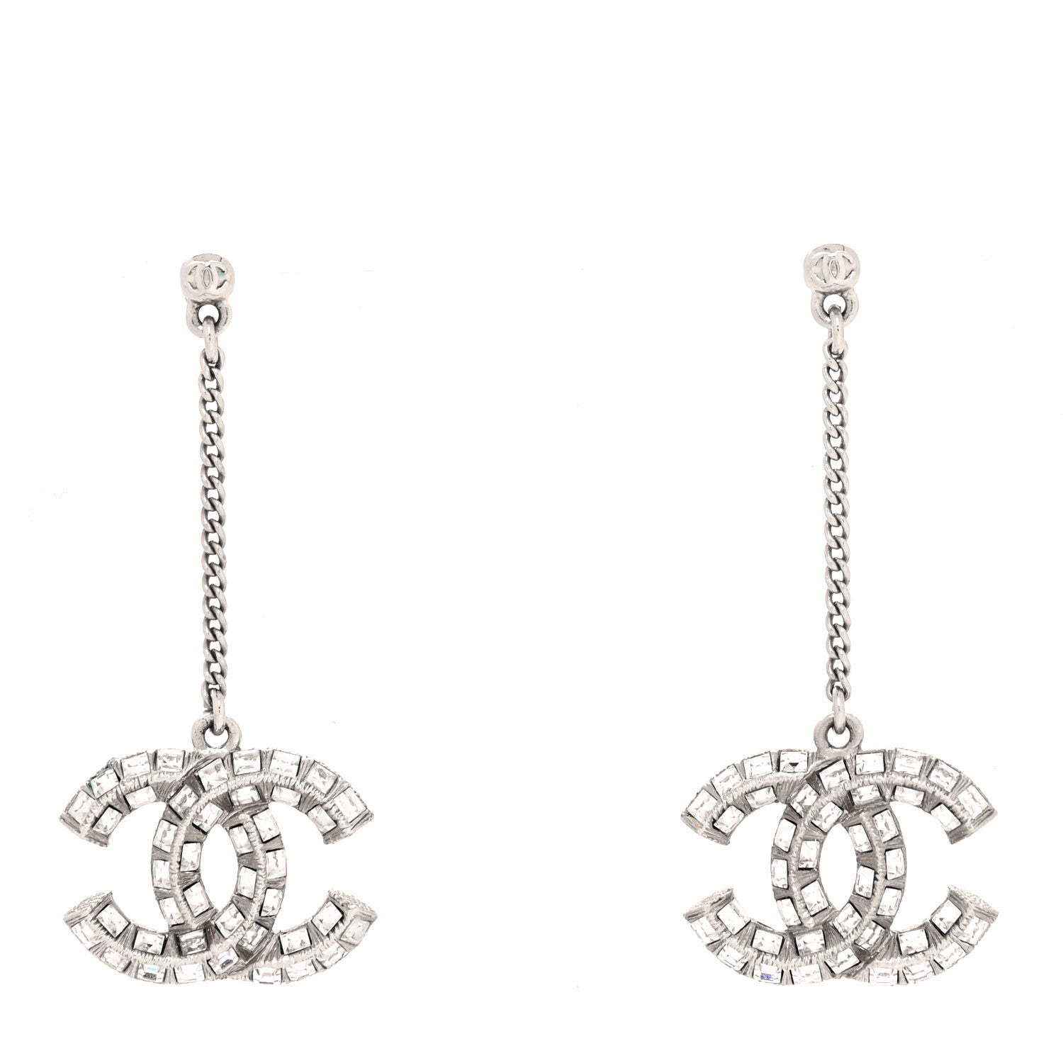 Chanel Baguette Crystal CC Drop Earrings Silver 1 of 3