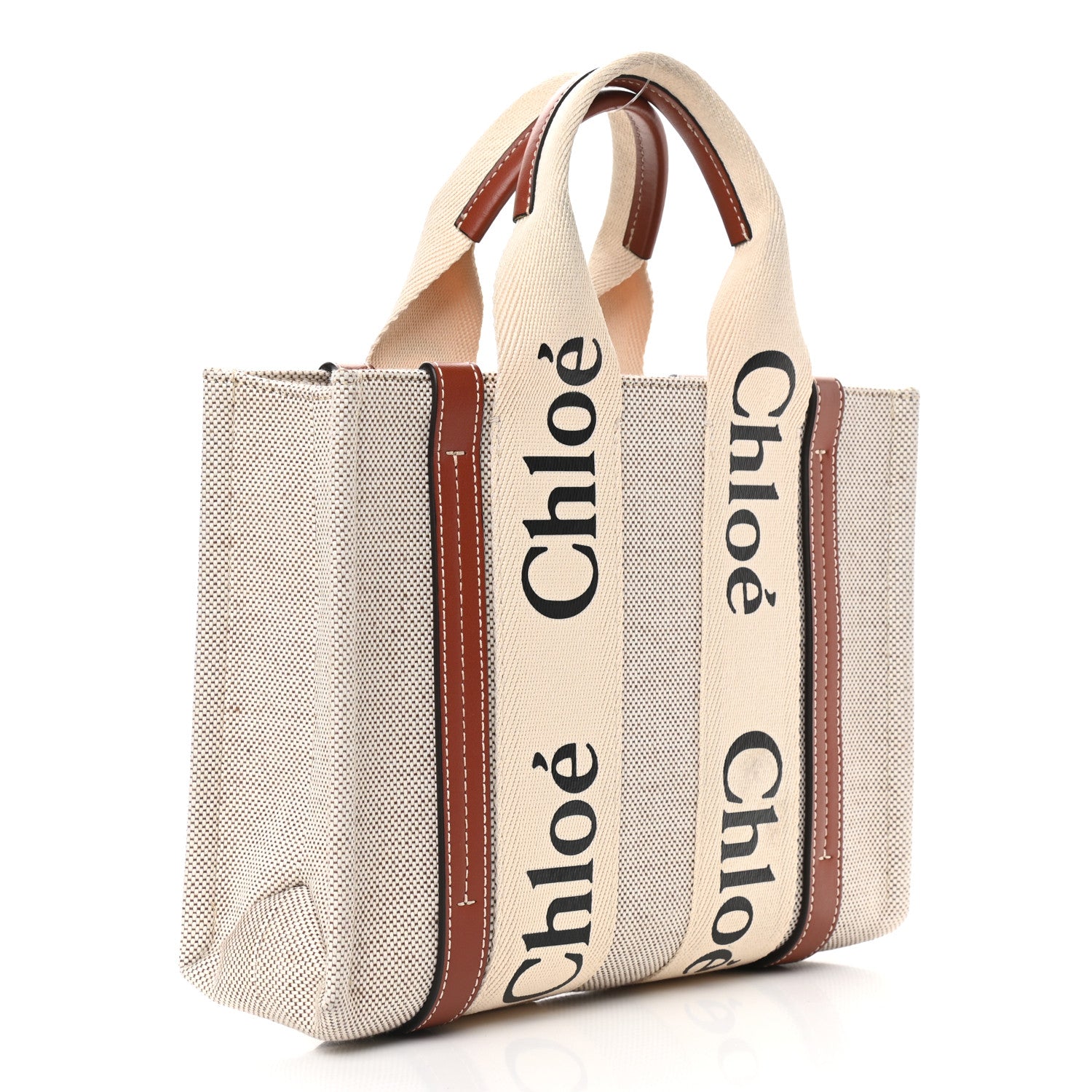Chloe Cotton Calfskin Small Woody Ribbon Tote White Brown 3 of 9