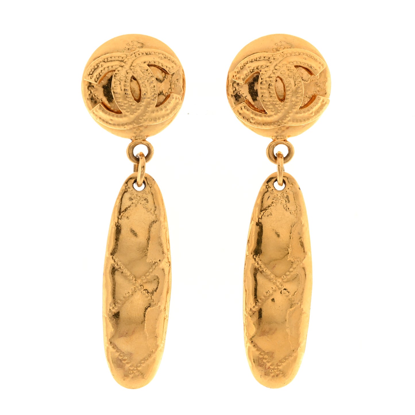 Metal CC Quilted Drop Clip On Earrings Gold