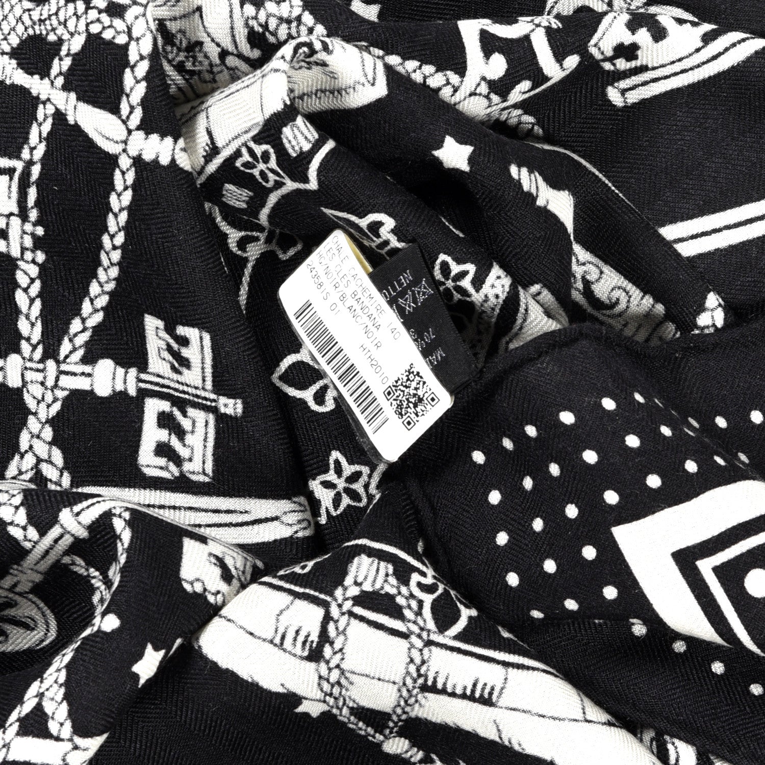 Hermes Cashmere Silk Les Cles Bandana Shawl 140 Black White 3 of 3