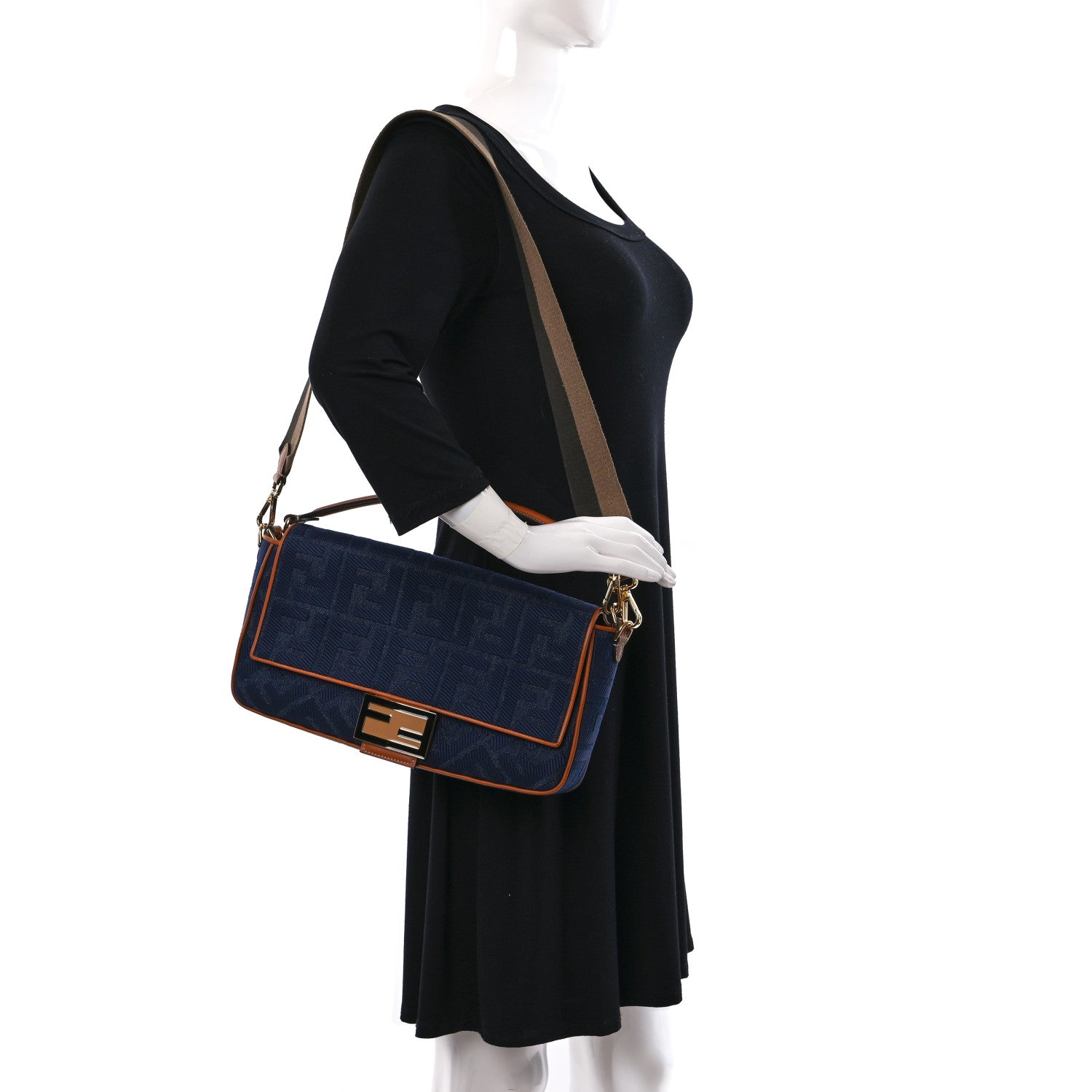 Fendi Denim Vitello King FF Embroidered Large Baguette Blue Cuoio 2 of 8