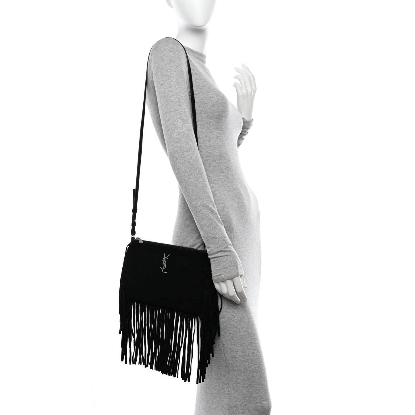 Suede Calfskin Small Fringe Crossbody Bag Black