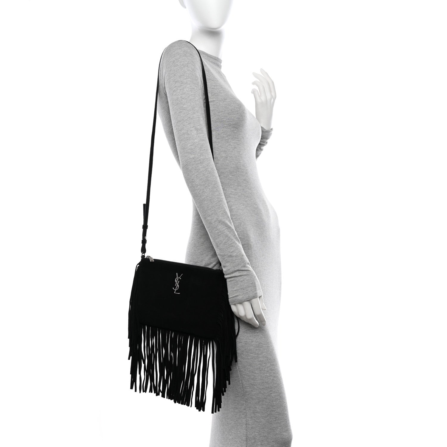 Saint Laurent Suede Calfskin Small Fringe Crossbody Bag Black 2 of 12
