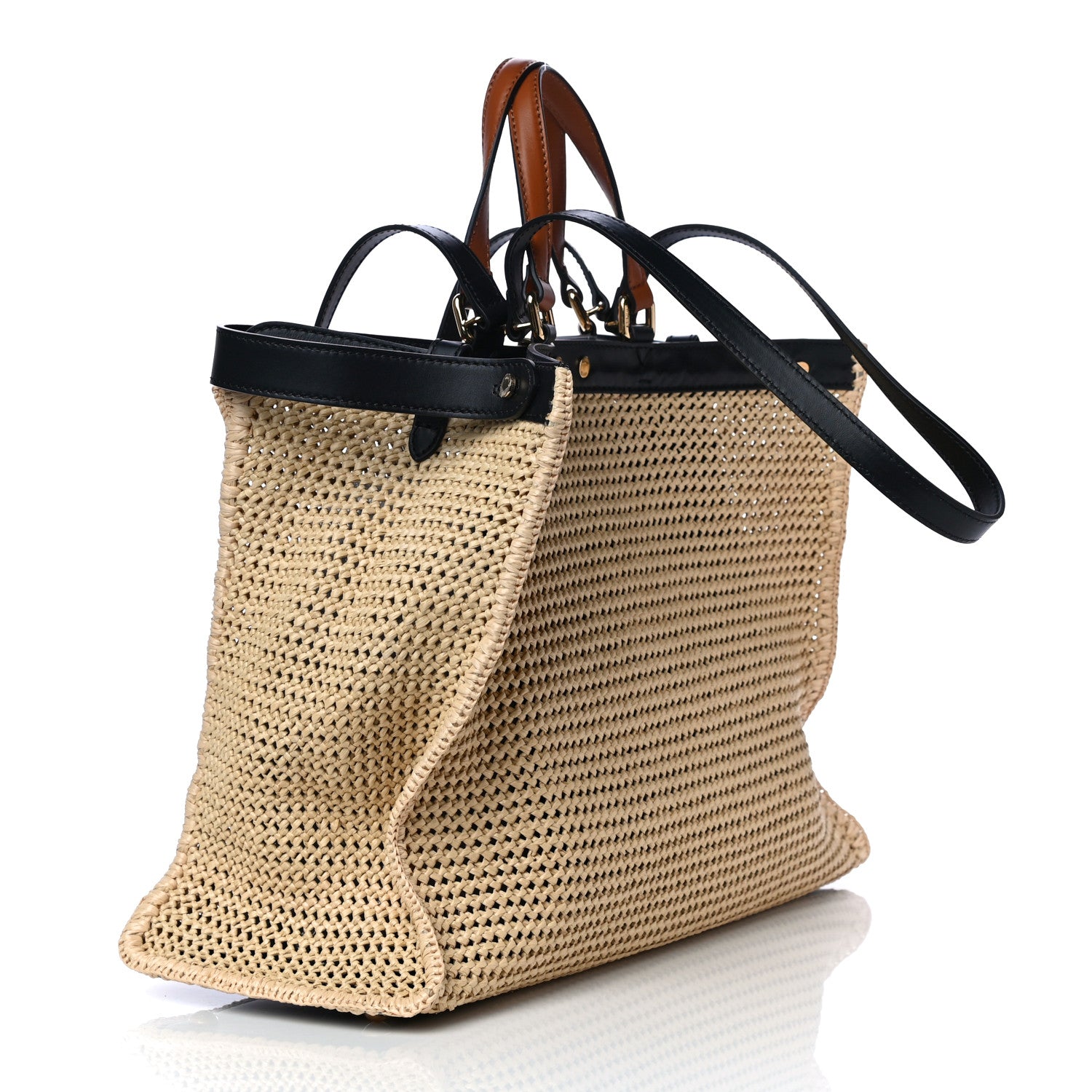 Fendi Raffia Vitello King Macrame Mesh Large Peekaboo X-Tote Natural Black Cuoio 2 of 8