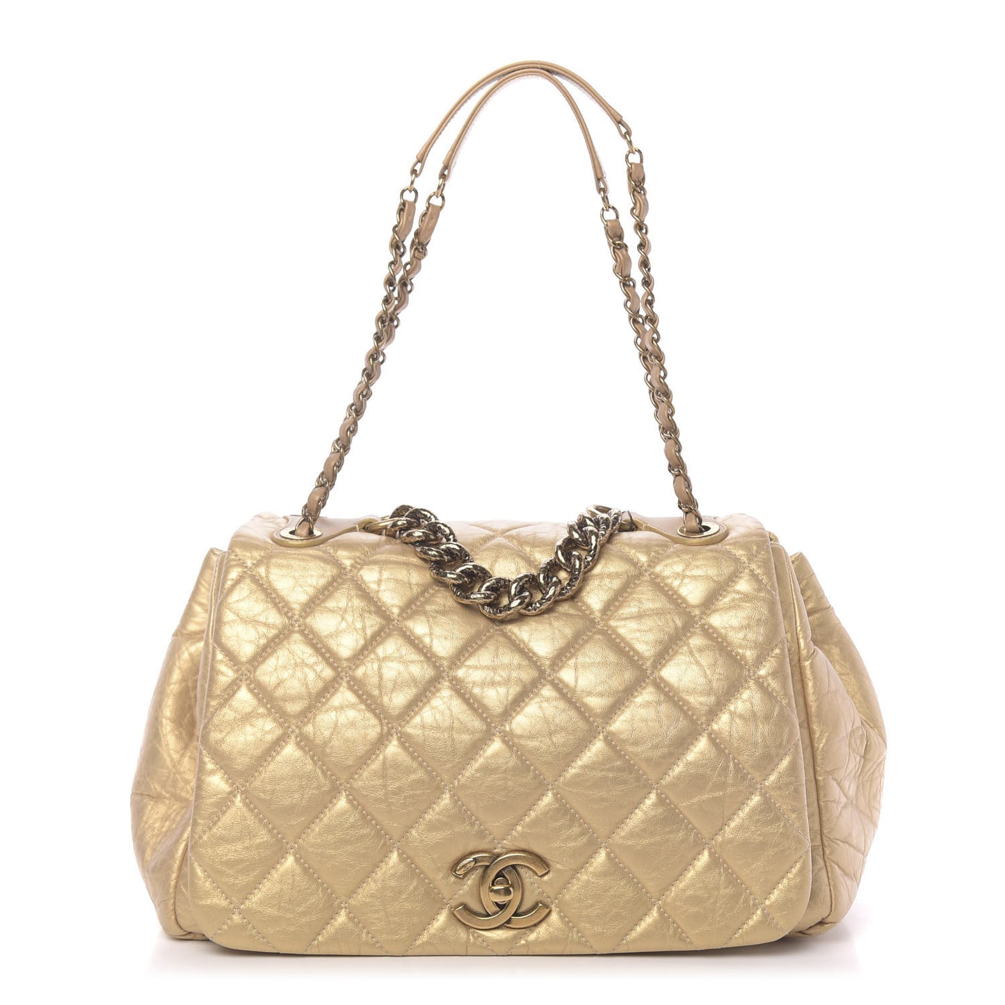 Metallic Aged Calfskin Quilted Large Pondichery Flap Gold