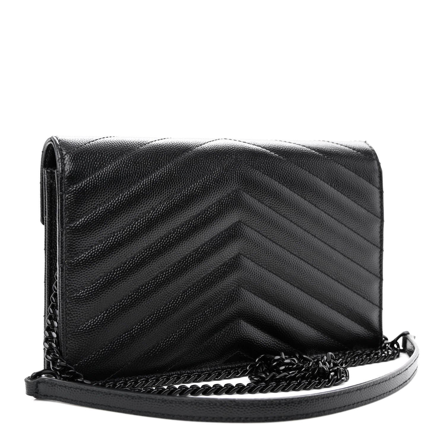 Saint Laurent Grain De Poudre Matelasse Chevron Monogram Monochrome Envelope Chain Wallet Black 3 of 12